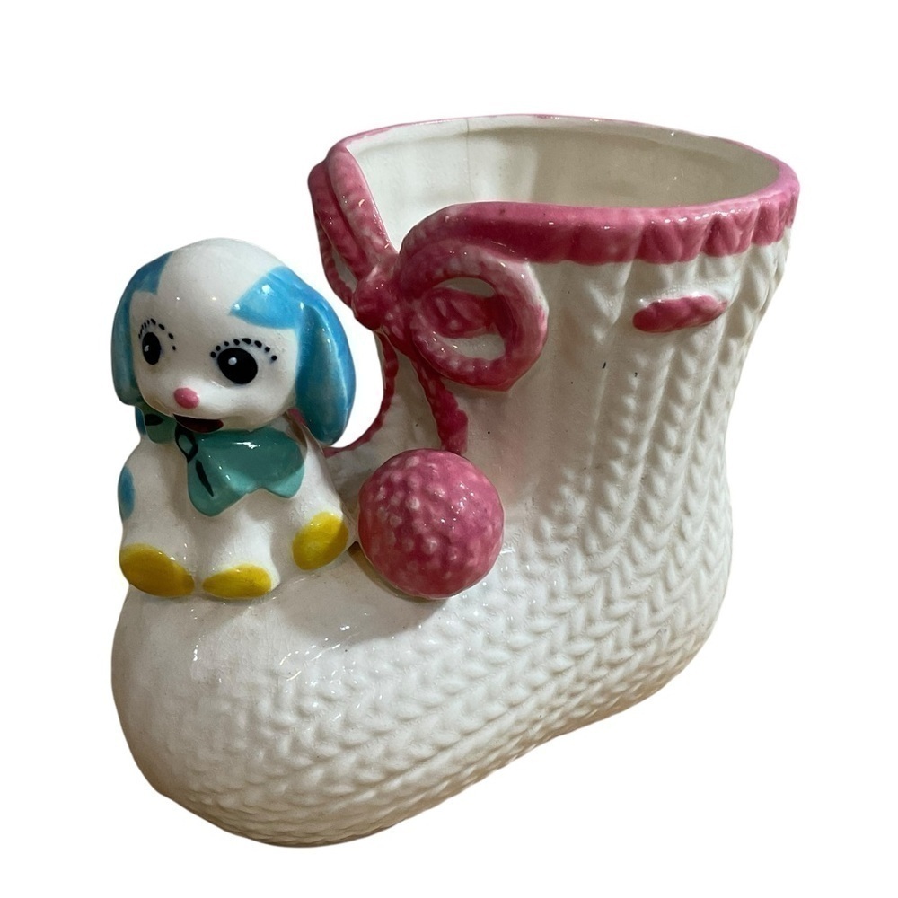 Napco Ceramics Baby Bootie Stocking Pink PomPom Blue Puppy Planter Japan Vintage